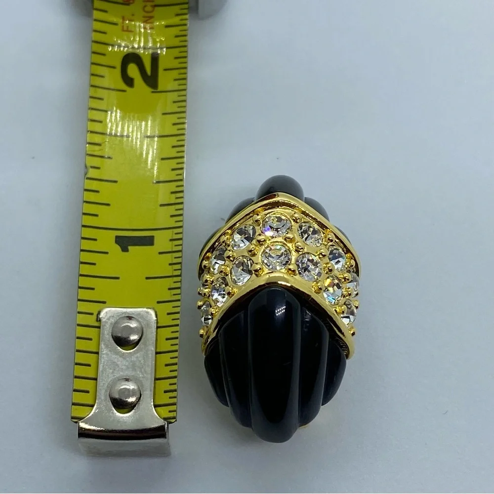 Vintage Rare KJL Black Carved Enamel Gold Tone with Pave Crystals Clip E… - Picture 5 of 6